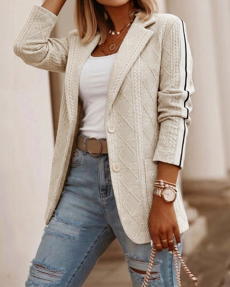 Women's Casual Knit Blazer Argyle Cable Jacquard Contrast Side Striped Coat Loose Fit Single Breasted Blazer
