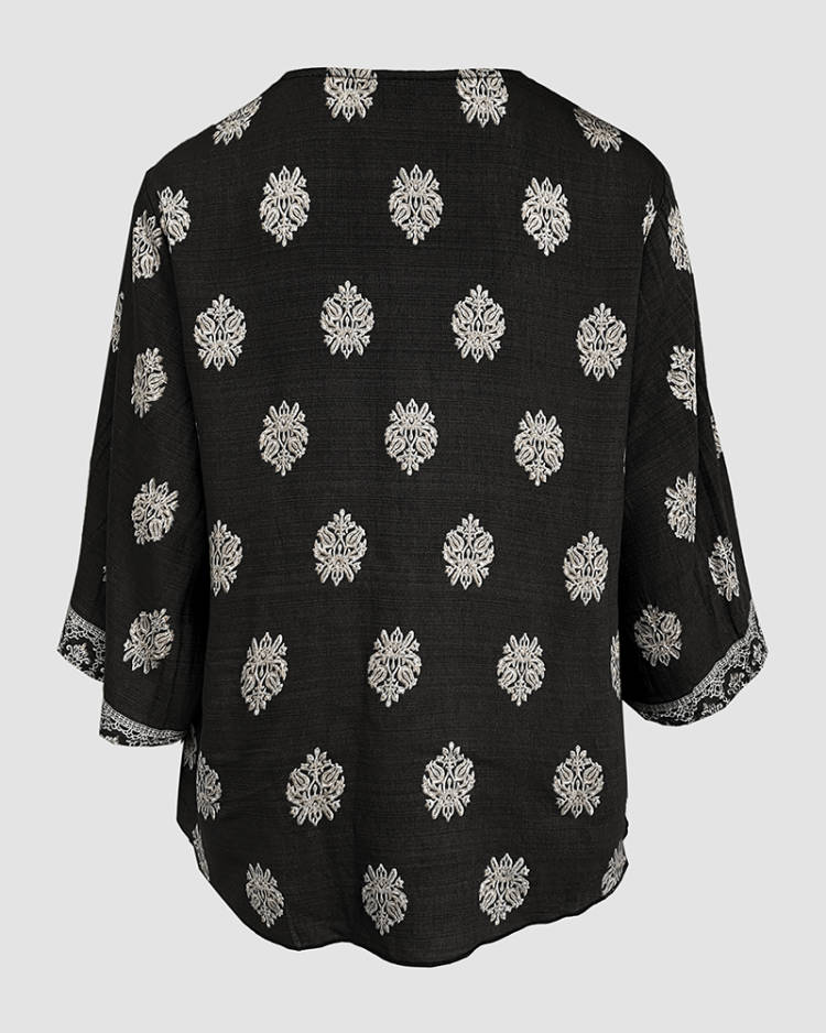 Floral Print V Neck Long Sleeve Blouse Casual Loose Fit Top