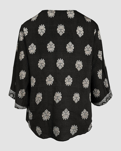Floral Print V Neck Long Sleeve Blouse Casual Loose Fit Top