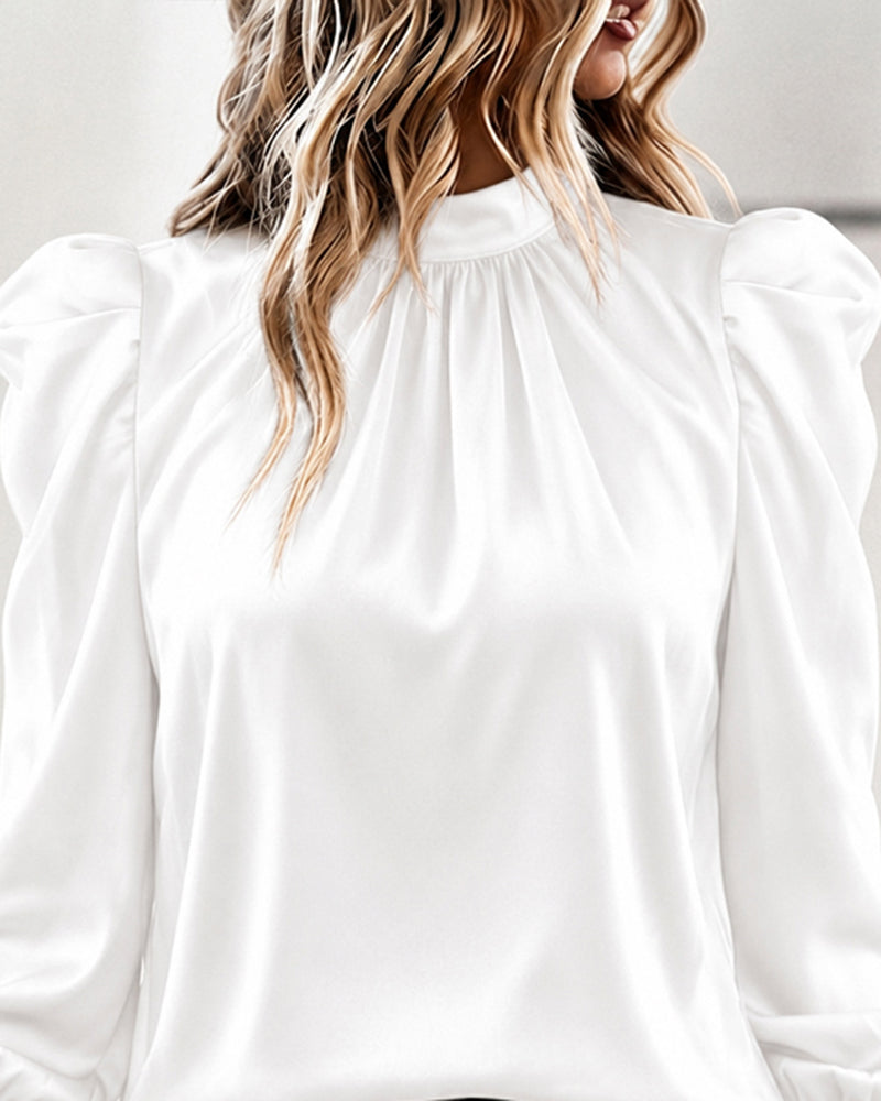 Women's Satin Blouse Mock Neck Puff Sleeve Shirt Back Tie Bow Elegant Ruched Shirt Shirred Frill Cuff Work Top