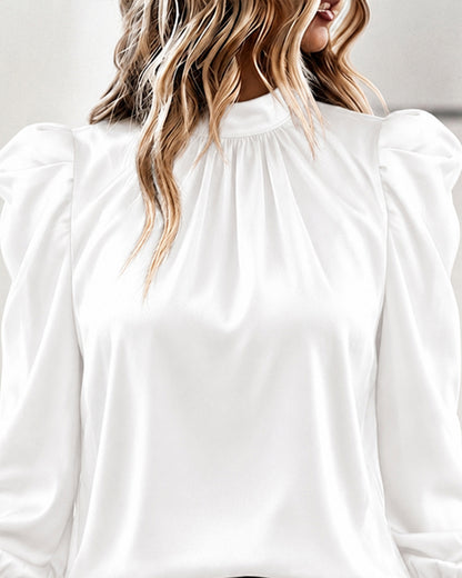 Women's Satin Blouse Mock Neck Puff Sleeve Shirt Back Tie Bow Elegant Ruched Shirt Shirred Frill Cuff Work Top