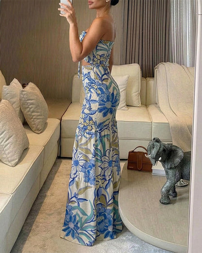 ChicMeLive Women's Tropical Floral Bandeau Dress Sexy Drawstring Cutout Shirred Waist Mermaid Dress Ruffle Hem Vacation Maxi Dress