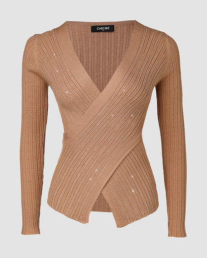 Rhinestone Decor Overlap V-Neck Long Sleeve Knit Sweater Asymmetrical Hem Slim Fit Textured Pullover Top