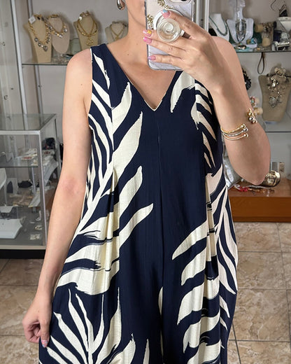 Tropical Plants Print V-Neck Sleeveless Zipper Back Overalls Casual Ruched Wide Leg Loose Fit Jumpsuit