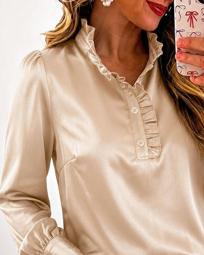 Women's Satin Frill Hem Blouse Long Sleeve Half Button Shirt Elegant Stand Collar Office Work Top