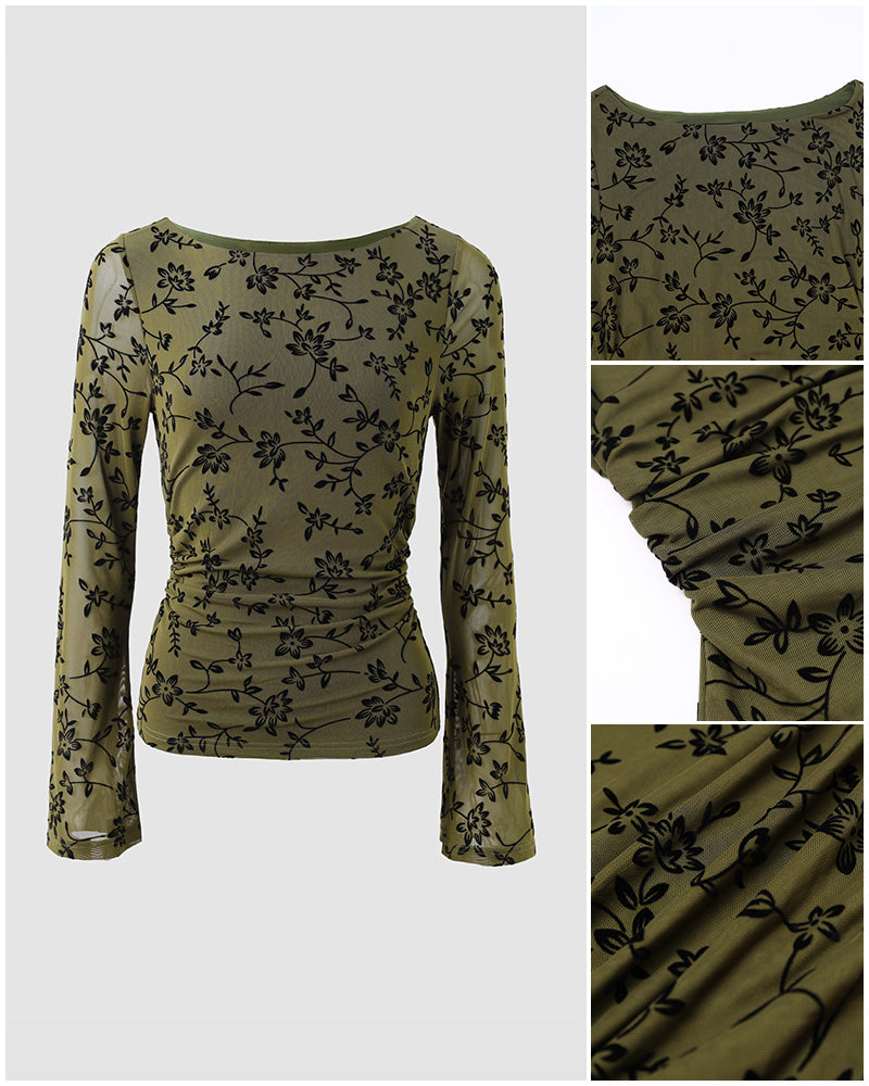 Couture Women's Bell Sleeve Floral Mesh Top