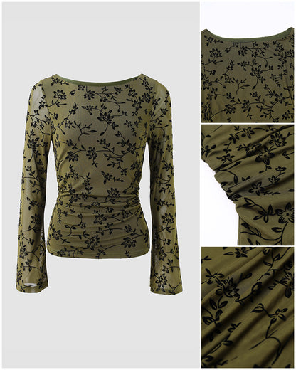 Couture Women's Bell Sleeve Floral Mesh Top
