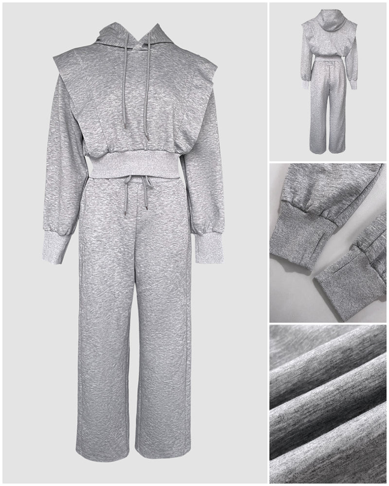 2-teiliges Outfit, langärmliges, kurzes Kapuzenpullover-Sweatshirt mit Kordelzug, Bündchen mit Daumenlöchern und lässigem Jogginghosen-Set mit Kordelzug und elastischer Taille mit weitem Bein 