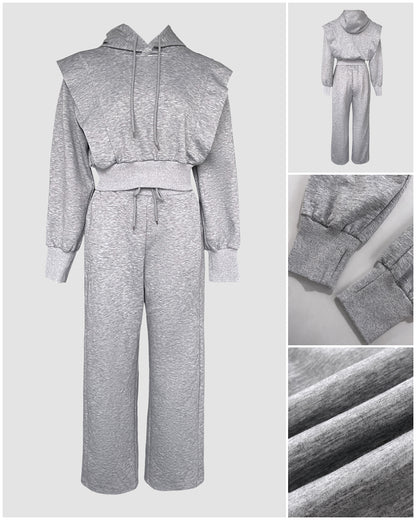 2-teiliges Outfit, langärmliges, kurzes Kapuzenpullover-Sweatshirt mit Kordelzug, Bündchen mit Daumenlöchern und lässigem Jogginghosen-Set mit Kordelzug und elastischer Taille mit weitem Bein 