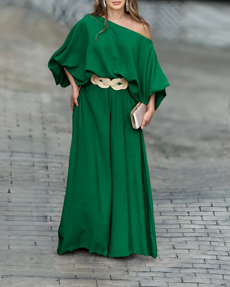 Skew Neck Lantern Sleeve Loose Top & Zipper Fly Wide Leg Pants Set without Belt