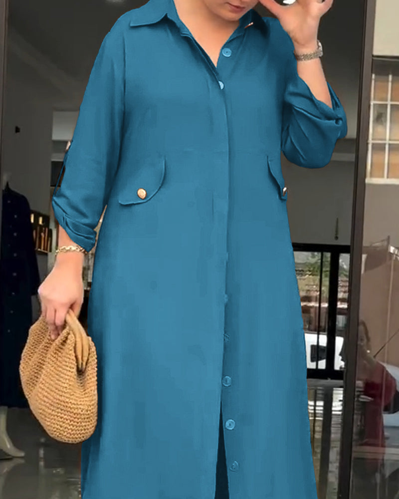 2 Pieces Outfit Turn-down Collar Turn-Up Sleeves Button Front Asymmetrical Hem Longline Blouse and Casual Elastic Waist Wide Leg Pants Set