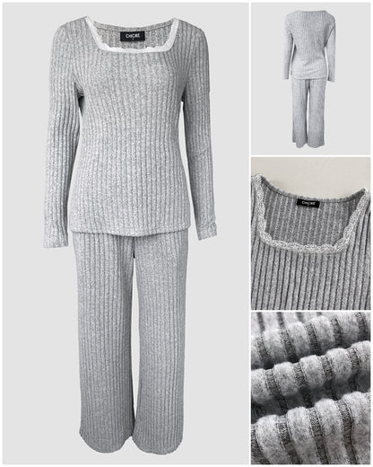 Women's Ribbed Knit Lounge Set Lace Trim Square Neck Long Sleeve Top and Straight Leg Drawstring Pants with Pockets