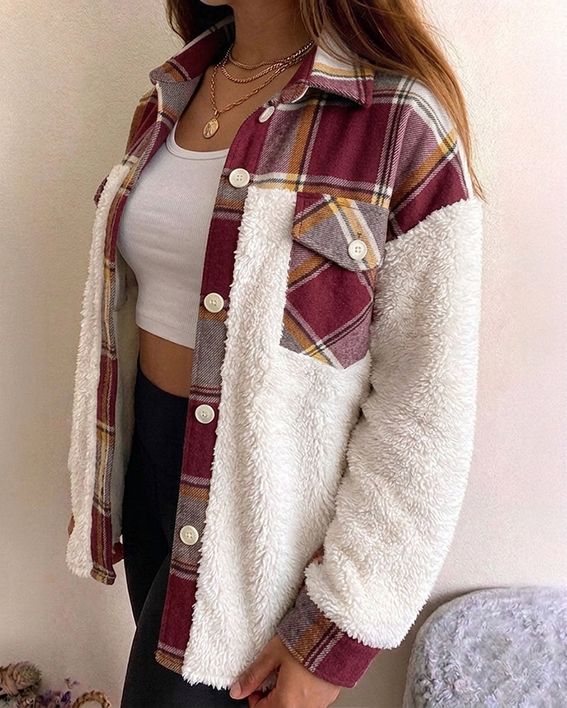 CHICMELIVE Women's Fleece Jacket Plaid Patchwork Sherpa Shacket