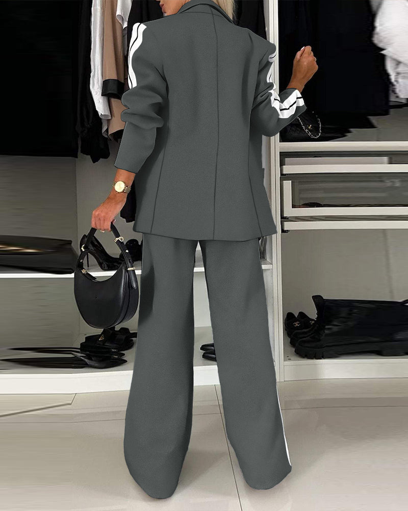 2 Pieces Outfit Notched Collar Single Breasted Pockets Design Coat and Elastic Waist Seam Front Wide Leg Pants Set Casual Contrast Side Striped Blazer Set