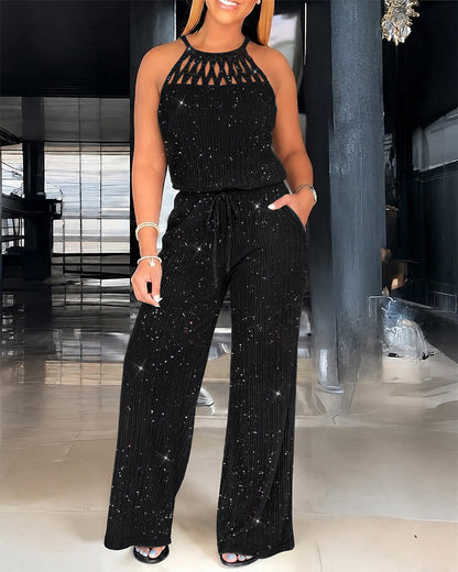 Women's Glitter Halter Tie Jumpsuit Casual Hollow Out Wide Leg Overalls Sparkling Drawstring Waist Jumpsuit with Pockets