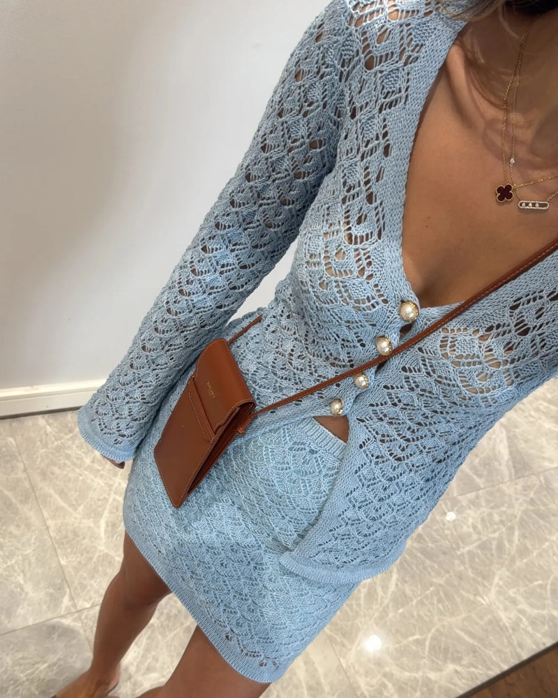 2 Pieces Outfit Deep V-Neck Flare Sleeve Half Pearl Button Front Slit Top and Elastic Waist Skirt Set Casual Slim Fit Knit Set