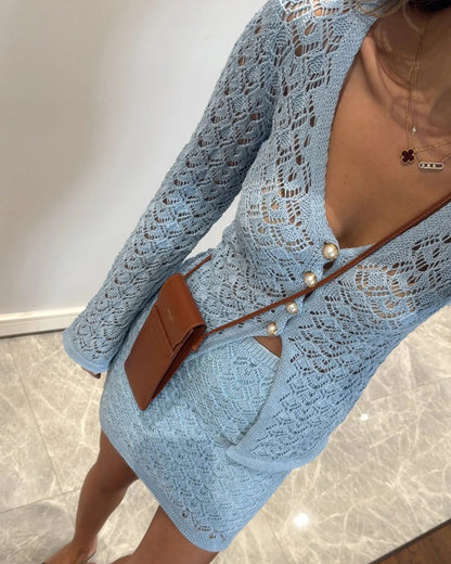 2 Pieces Outfit Deep V-Neck Flare Sleeve Half Pearl Button Front Slit Top and Elastic Waist Skirt Set Casual Slim Fit Knit Set