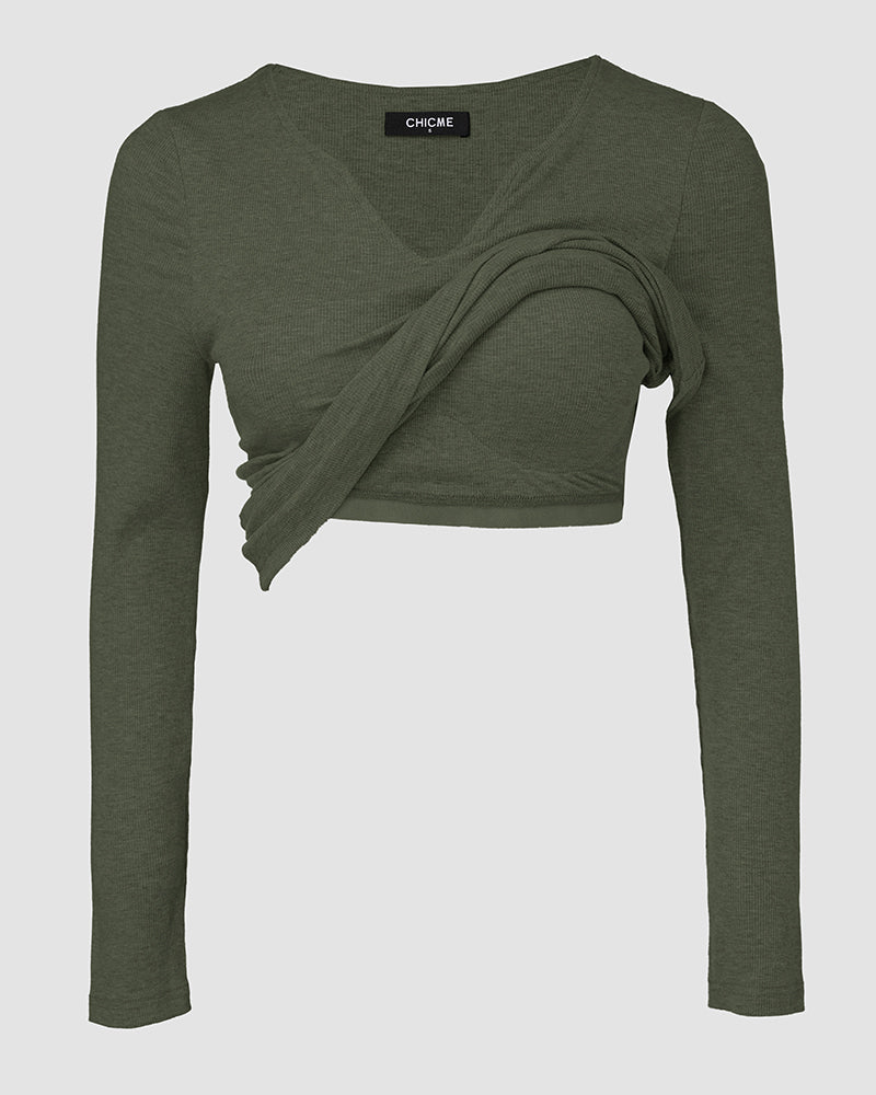 ChicMe Built-in Bra Notch Neck Long Sleeve Shirts Rib-Knit Ruched Waist Top