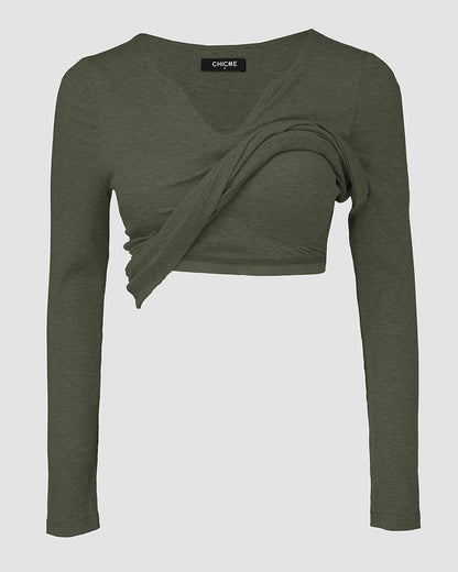 ChicMe Built-in Bra Notch Neck Long Sleeve Shirts Rib-Knit Ruched Waist Top