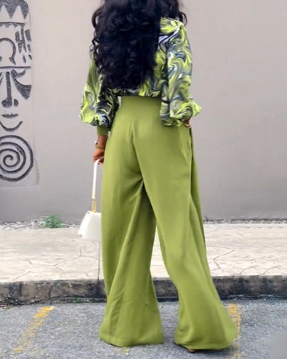 2 Pieces Outfit Abstract Print Cowl Neck Lantern Sleeve Stretchy Hem Crop Top and Casual Zipper Side Ruched Wide Leg Pants Set