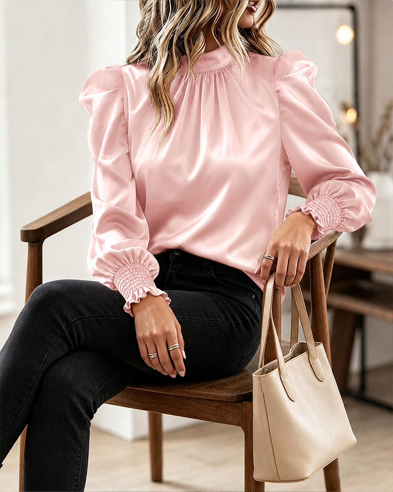 Women's Satin Blouse Mock Neck Puff Sleeve Shirt Back Tie Bow Elegant Ruched Shirt Shirred Frill Cuff Work Top