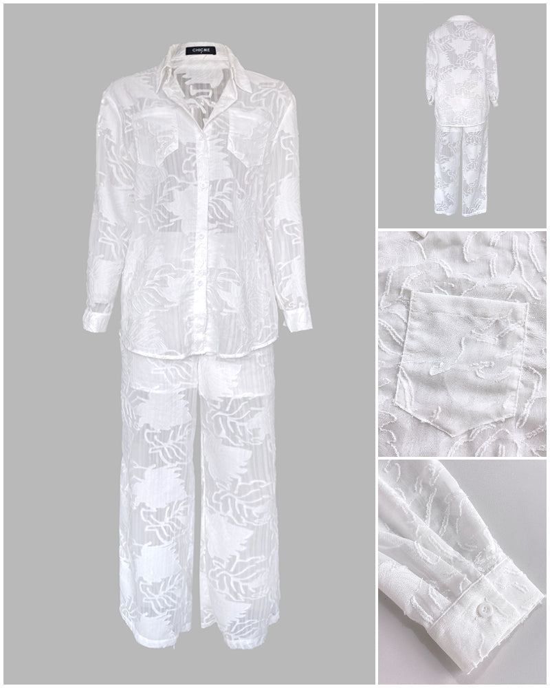 2 Pieces Outfit Jacquard Floral Turn-down Collar Button Front Pockets Design Top and Casual Elastic Back Waist Pants Set With Lining