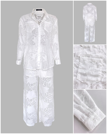 2 Pieces Outfit Jacquard Floral Turn-down Collar Button Front Pockets Design Top and Casual Elastic Back Waist Pants Set With Lining