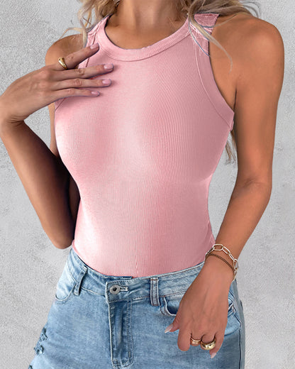2-Pack Round Neck Thick Strap Racerback Ribbed Tank Slim Fit Tops without Bra Pads
