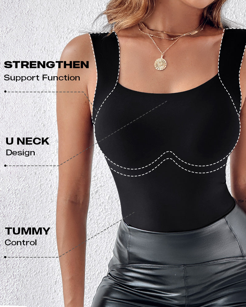 U-Neck Sleeveless Tank Seamless Skinny Layering Top with Built-In Bra