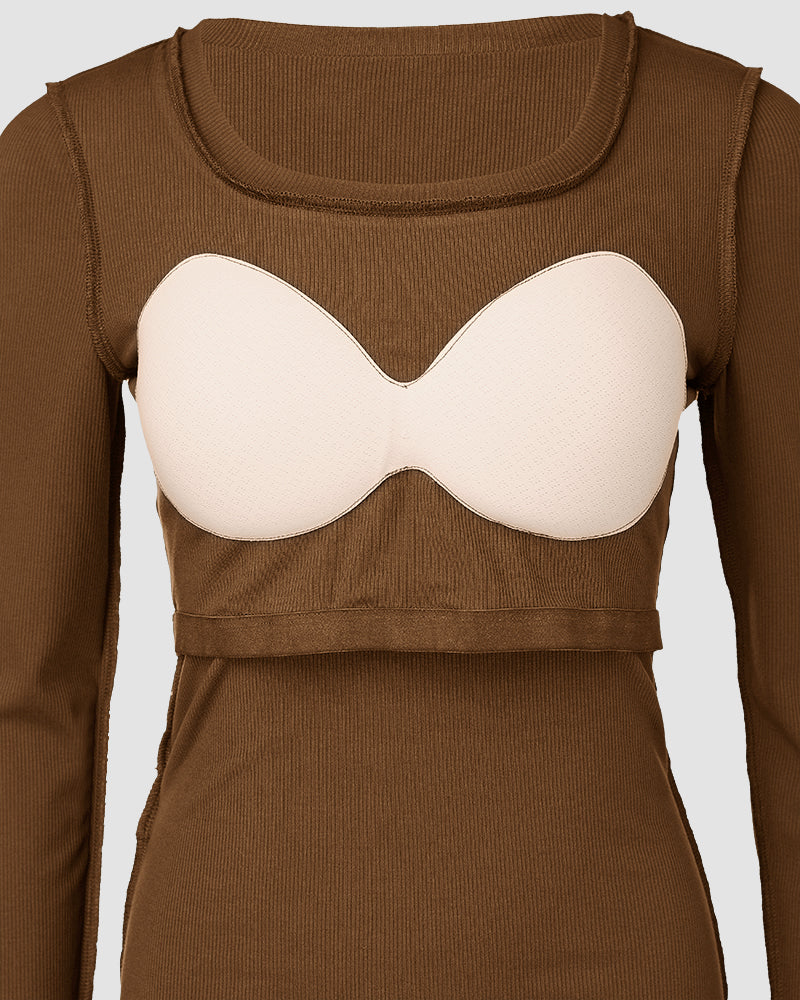 ChicMe Built-in Bra U-Neck Long Sleeve Ribbed Top