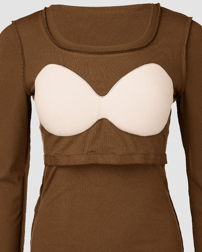 ChicMe Built-in Bra U-Neck Long Sleeve Ribbed Top