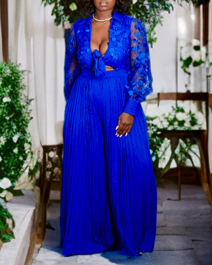 Jacquard Sheer Mesh Patch Turn-down Collar Jumpsuit Elegant Waist Tied Detail Pleated Flare Romper
