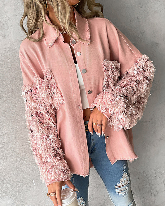 Contrast Sequin Tassel Design Fuzzy Patchwork Shacket
