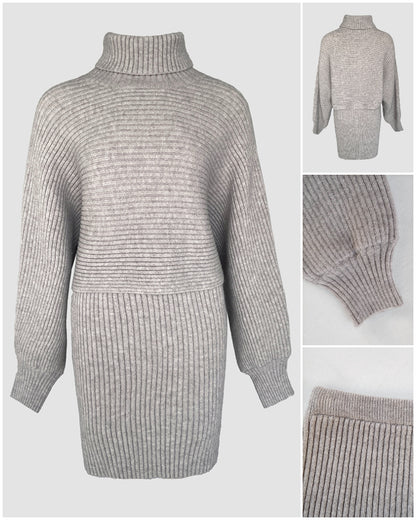 2 Pieces Outfit High Neck Batwing Sleeve Loose Top and Elastic Waist Slim Fit Skirt Set Casual Ribbed Set