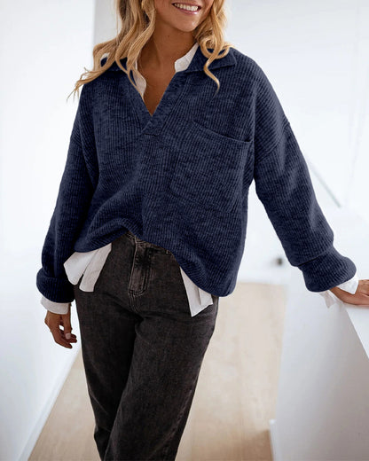 Women's Rib-Knit Polo Sweater V-Neck Collared Long Sleeve Pullover Loose Fit Drop Shoulder Top