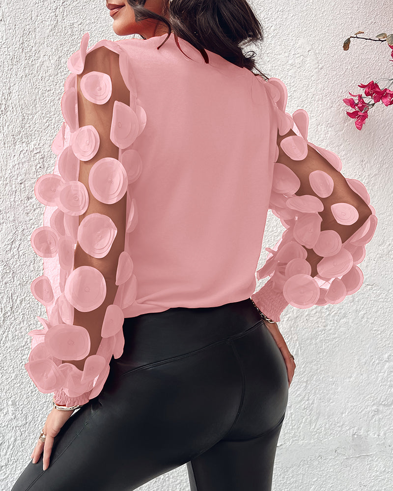 3D Polka Dot Appliques Mesh Long Sleeve Blouse Casual Shirred Cuffs Seam Front Top
