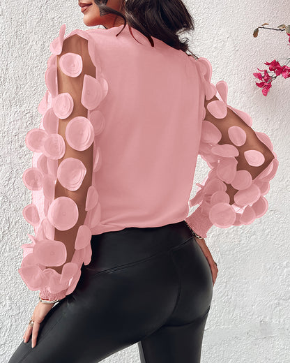 3D Polka Dot Appliques Mesh Long Sleeve Blouse Casual Shirred Cuffs Seam Front Top
