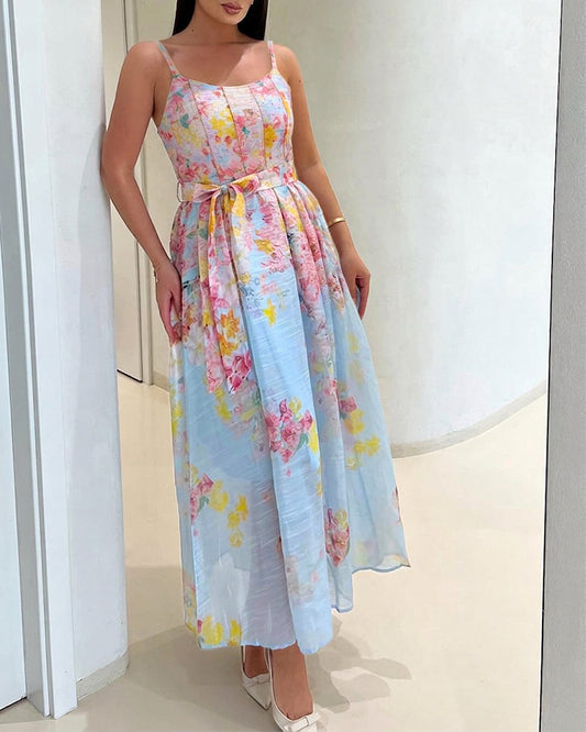 CHICME Women's Watercolor Floral Cami Dress Adjustable Straps High Waist A-Line Maxi Dress with Matching Belt