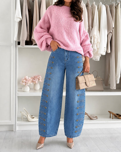 Women's Wide Leg Jeans High Waisted Side Button Denim Pants Distressed Washed Trousers Retro Y2K Streetwear