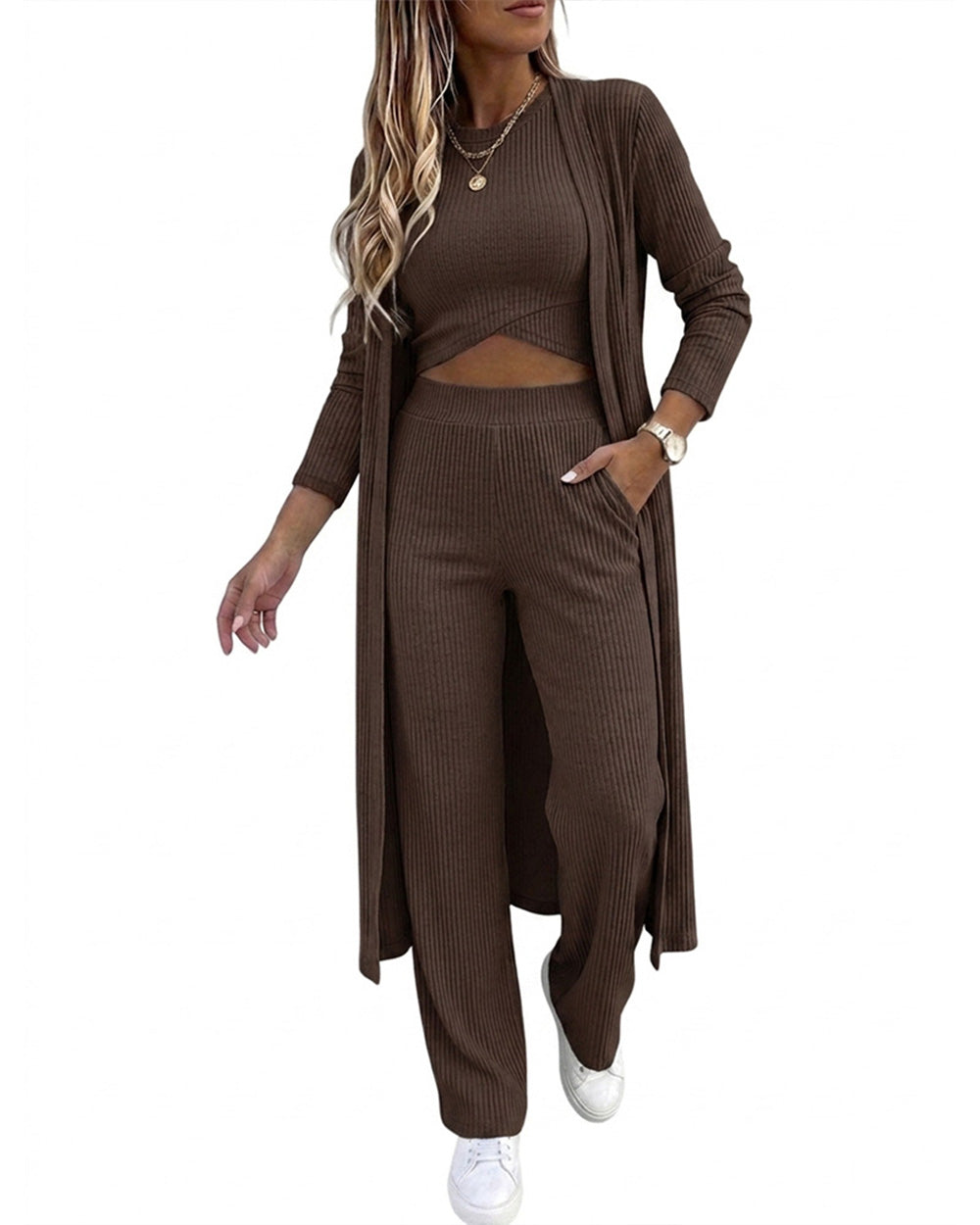 CHICMELIVE Women's 3 Piece Lounge Set Ribbed Cardigan Tank Wide Leg Pant