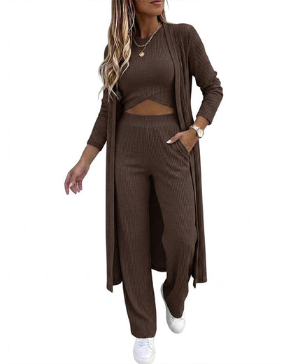 CHICMELIVE Women's 3 Piece Lounge Set Ribbed Cardigan Tank Wide Leg Pant