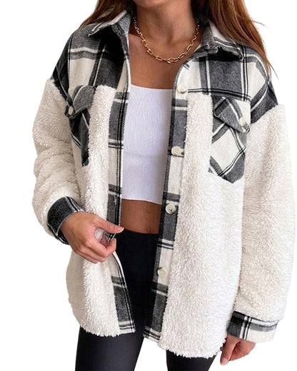 CHICMELIVE Women's Fleece Jacket Plaid Patchwork Sherpa Shacket