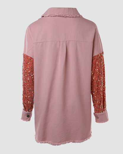 Casual Jacket Sequin Patchwork Long Sleeve Jacket Top Button Front Raw Hem Oversized Denim Shacket