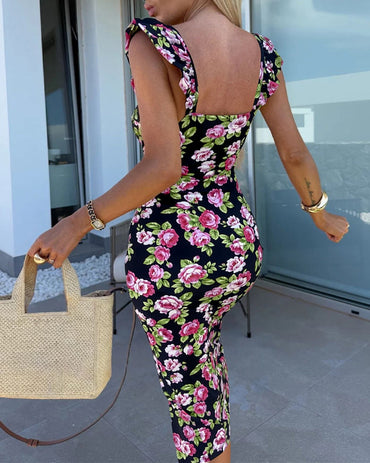 Women's Floral Midi Dress Sweetheart Neck Flutter Sleeve Side Slit Sundress Backless Vacation Dress with Built-In Bra