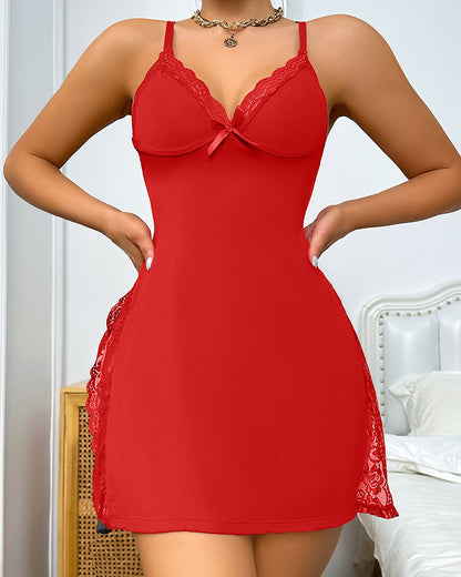 Lace Trim Adjustable straps Side Slit Bowknot Decor Modal Cami Sleep Dress