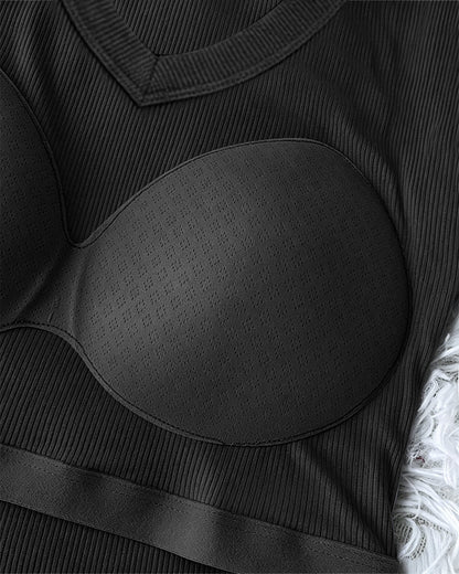 Women's V Neck Long Sleeve Ribbed Knit Top Slim Fit Base Layer Shirt Soft Stretchy Casual Tee with Built-in Bra
