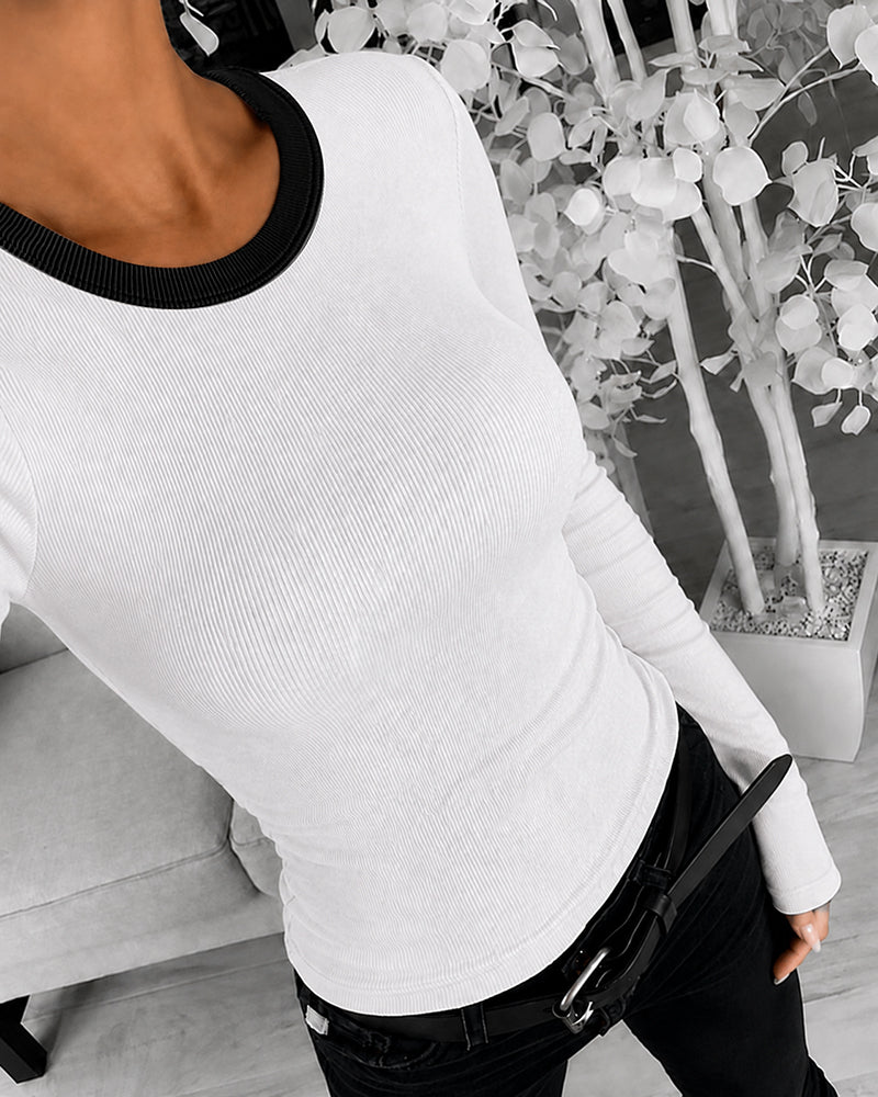 CHICMELIVE Women's Ribbed Long Sleeve Shirts Contrast Crewneck Fitted Basic Tee