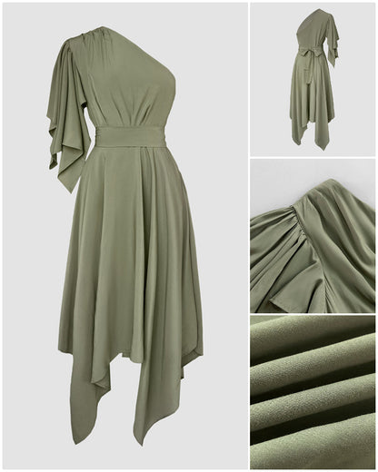 One Shoulder Asymmetrical Sleeve Bow Tie Party Dress Casual Zipper Side Cinched Waist Asymmetrical Hem Maxi Dress With Belt