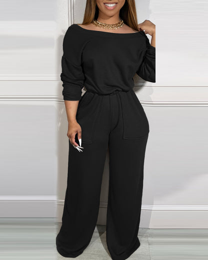 Off Shoulder V-Back Elastic Waist Pockets Design Jumpsuit Casual Drop Shoulder Cinched Waist Wide Leg Jumpsuit
