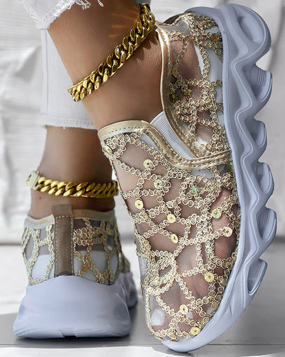 Contrast Sequin Sheer Mesh Patch Breathable Sneakers